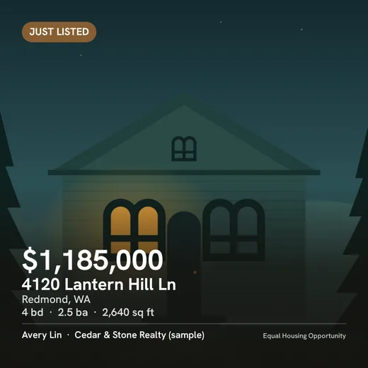 A just-listed social image with the agent's brokerage on it
